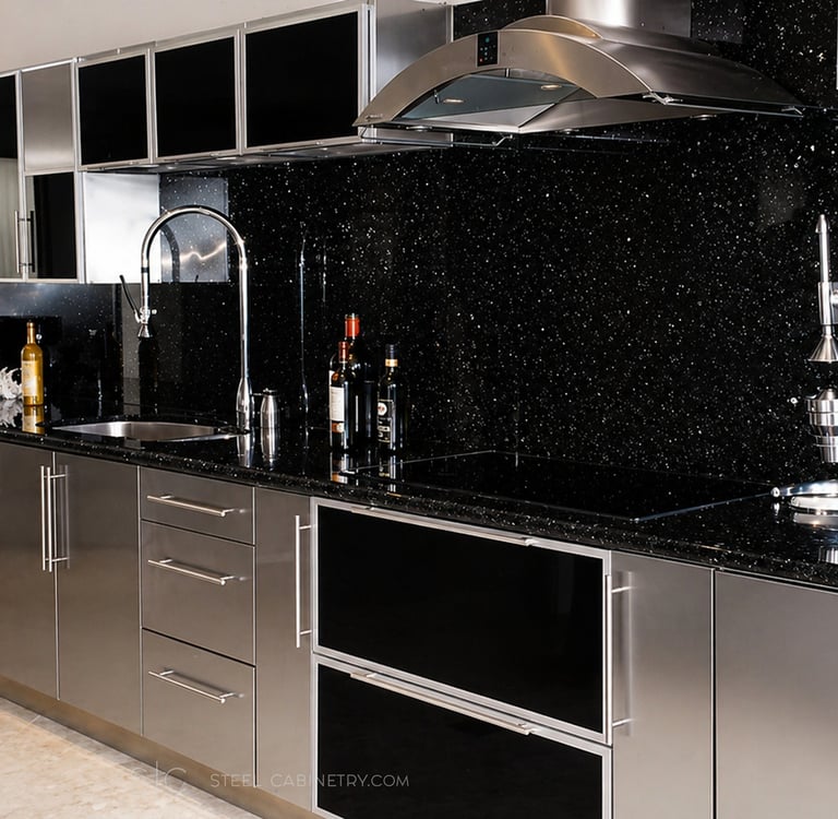 modern kitchen with stainless steel and black surfaces