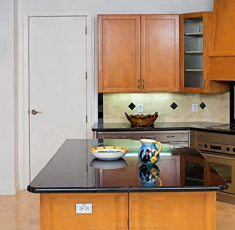 stainless steel interior and wood fronts under black counter top