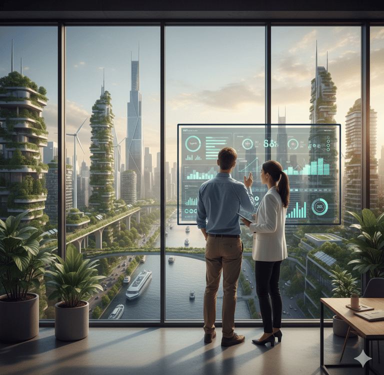 a man and woman standing in front of a large window