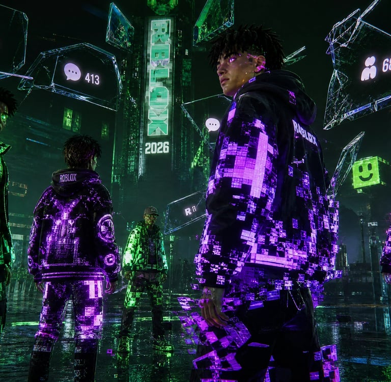 Avatars in a futuristic Roblox cyberpunk city wearing glowing pixelated neon streetwear.