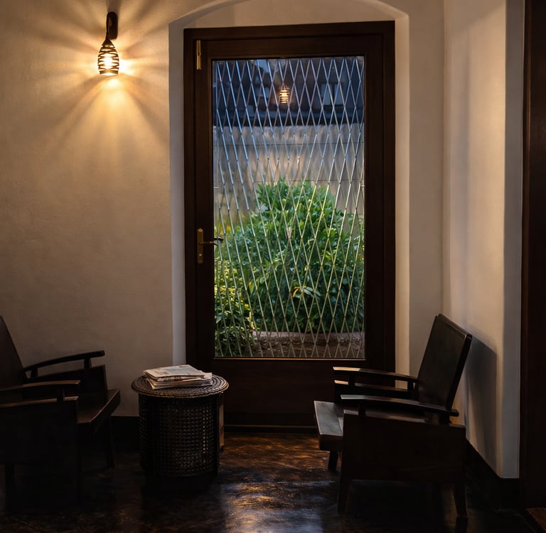 Elegant room with dark wood furniture, warm wall sconce lighting, and a glass door overlooking a garden.