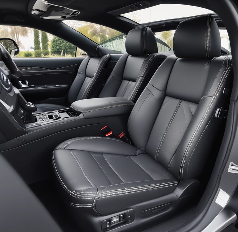 Sport car interior featuring custom black leather seats with detailed stitching and left hand drive
