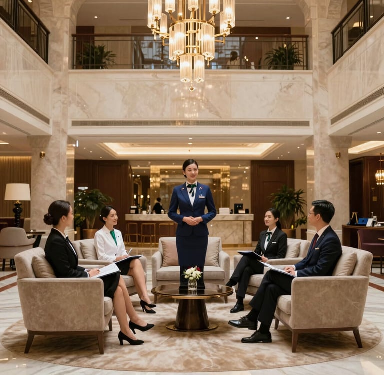 Professional businessman in a suit greeting a client in a modern office for a corporate meeting.
