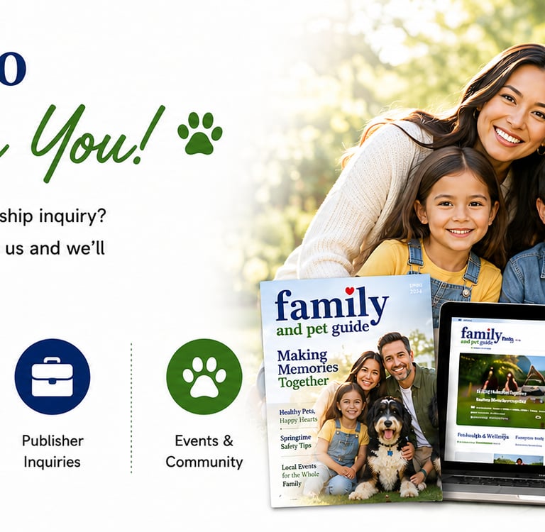 Happy family with their pet dog featured on a family and pet guide magazine and website.