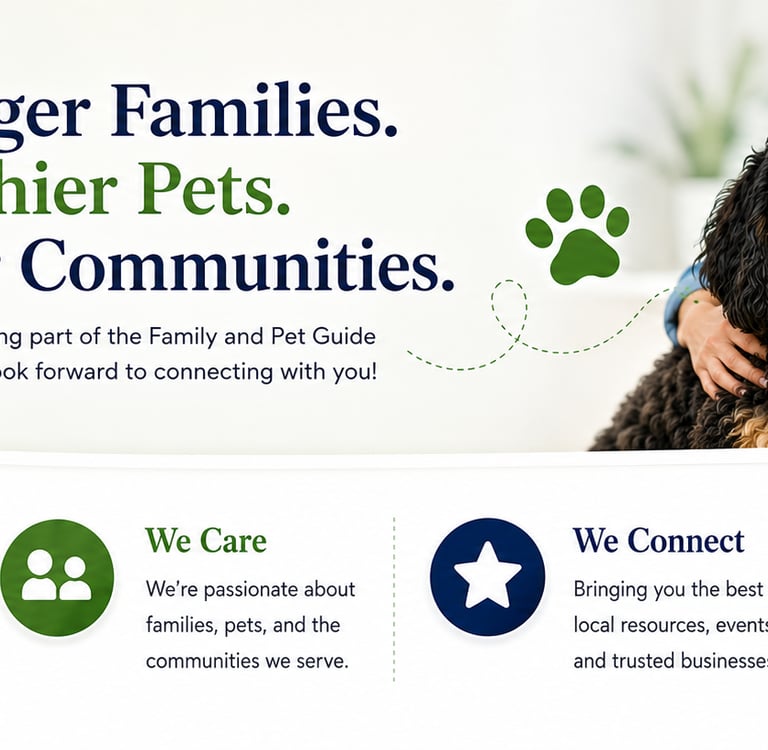 A smiling family hugging their fluffy dog, representing community and pet care services.