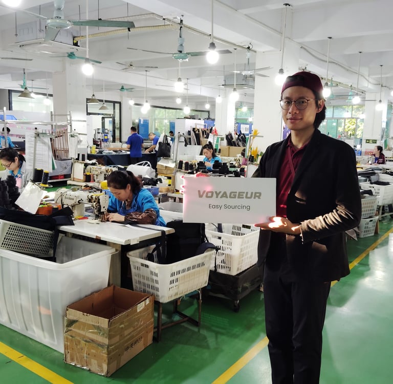 EasySourcing agent on-site at a backpack factory in China—supplier vetting and factory inspection for DTC brands