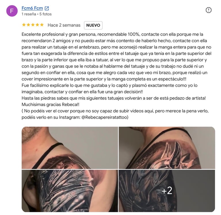 Testimonio de cliente satisfecho tras completar una manga de realismo realizada por Rebeca Pereira