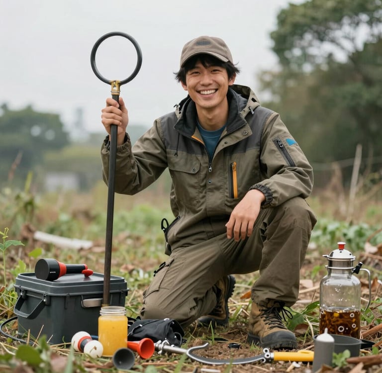 Smiling man in outdoor gear kneeling in a field with metal detecting equipment and camping supplies.