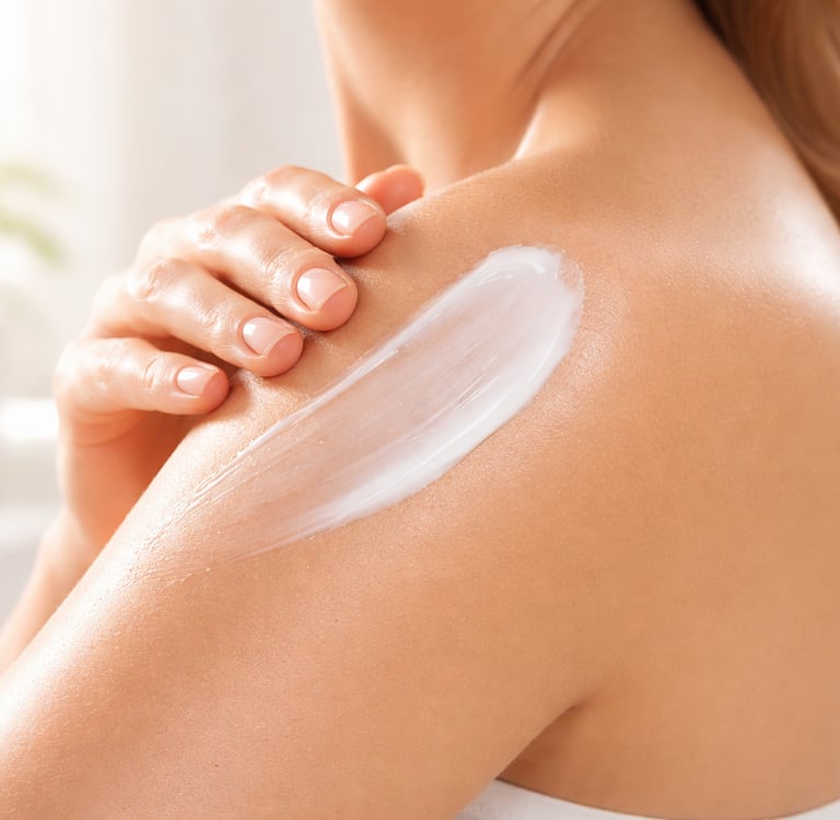 Woman applying white moisturizing body lotion to her shoulder for hydrated skin.