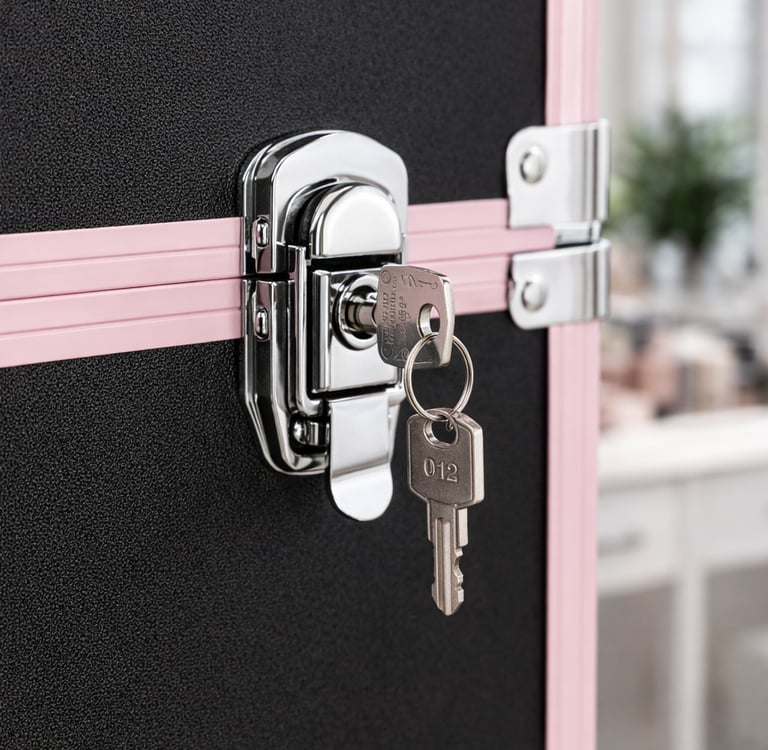Close-up of a chrome lock with inserted keys on a black and pink makeup case