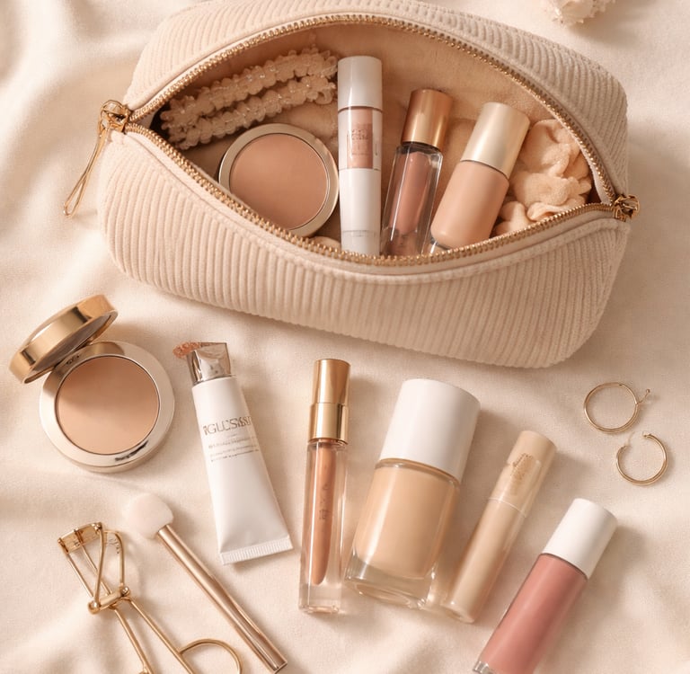 Corduroy makeup bag with beige liquid foundation, concealer, and gold beauty accessories.