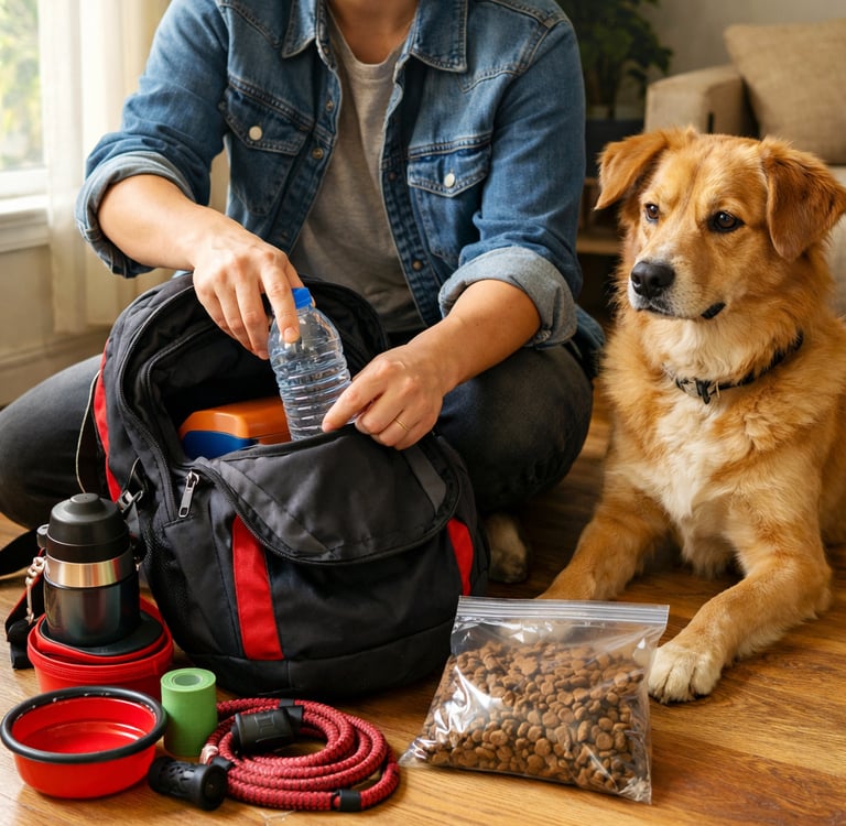 Person packing a dog travel bag with water, food, and supplies next to a golden dog.