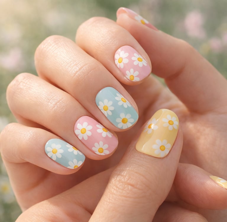 Hand with pastel pink, blue, and yellow daisy floral nail art manicure design.