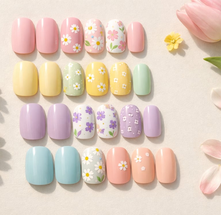Spring pastel press-on nails with floral daisy patterns and tulip accents on a white background.