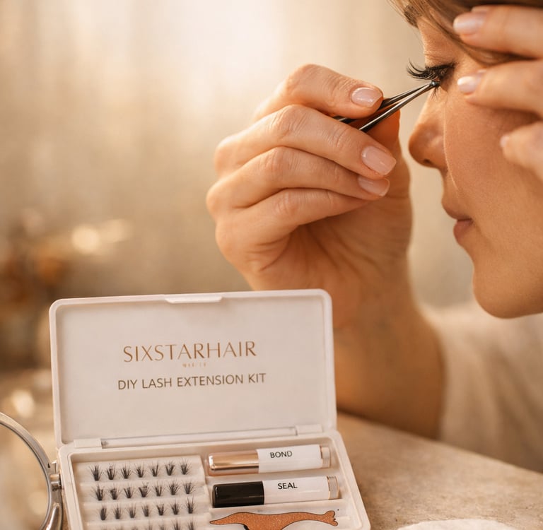 Woman applying individual clusters from a professional DIY lash extension kit with tweezers.