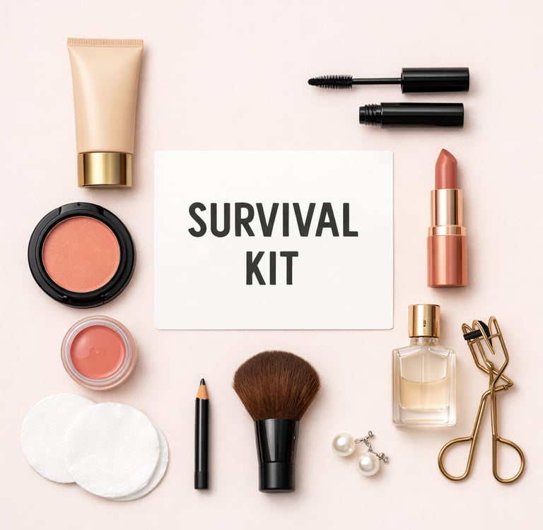Flat lay of a beauty survival kit featuring foundation, lipstick, mascara, and makeup brushes on a pink background.