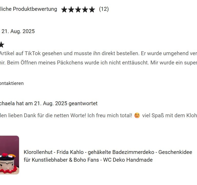 Kundenfeedback kauf eines Klorollenhutes. Kundin über den Kauf eines Klohutes.