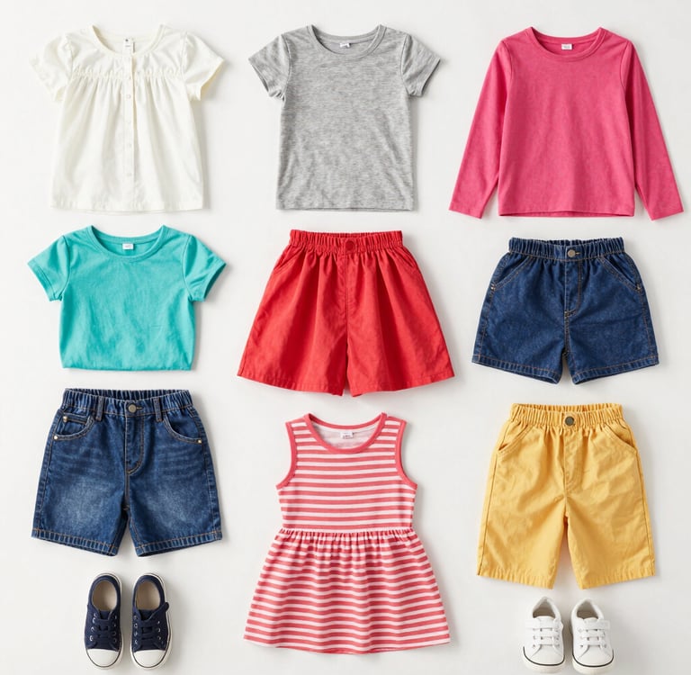 A cozy flat lay of preloved women's clothing and accessories on a wooden table.