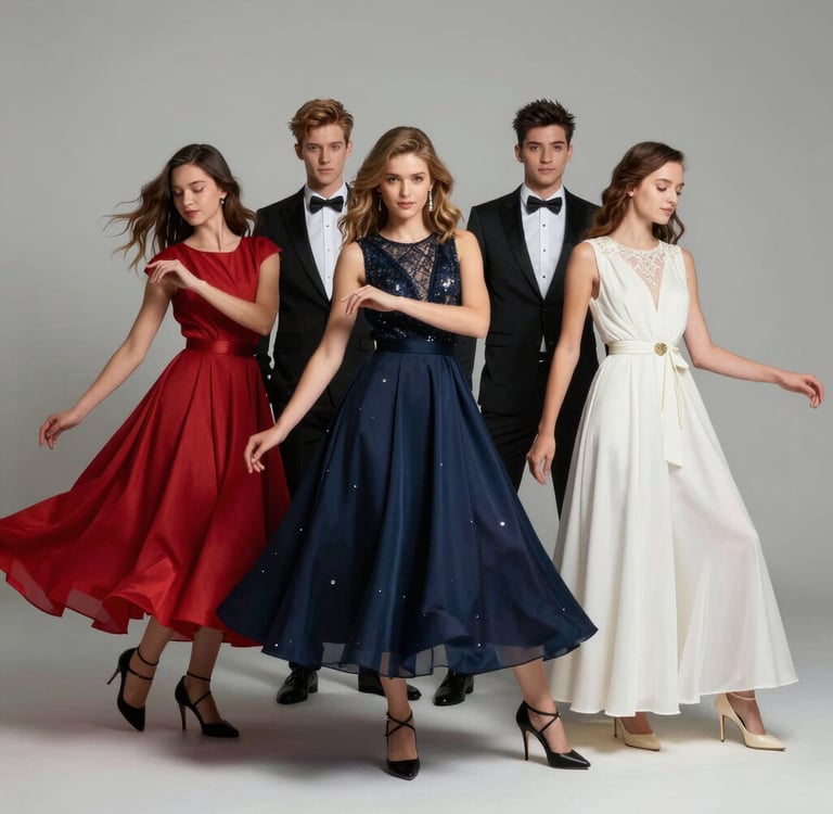 three mannequins in a window display with dresses on display