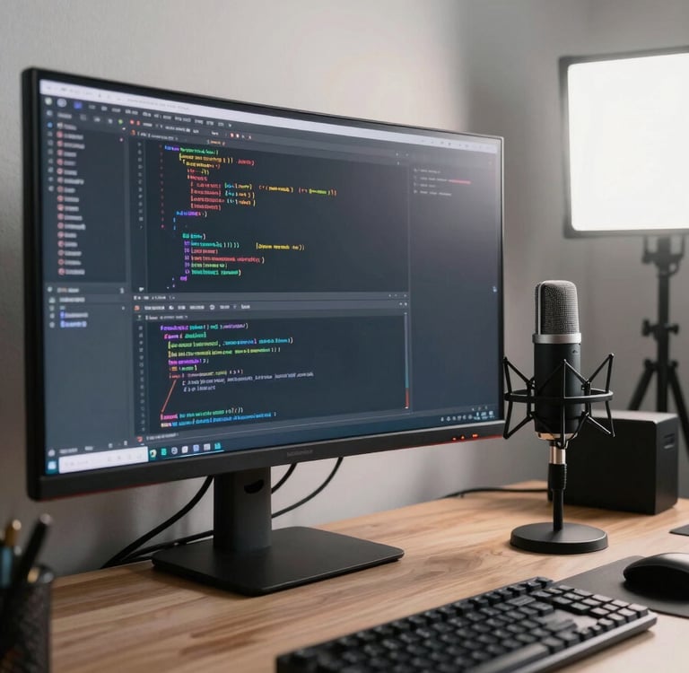 A professional creator workspace featuring a wide curved monitor displaying code, a high-end microphone, and clean mist lighting.