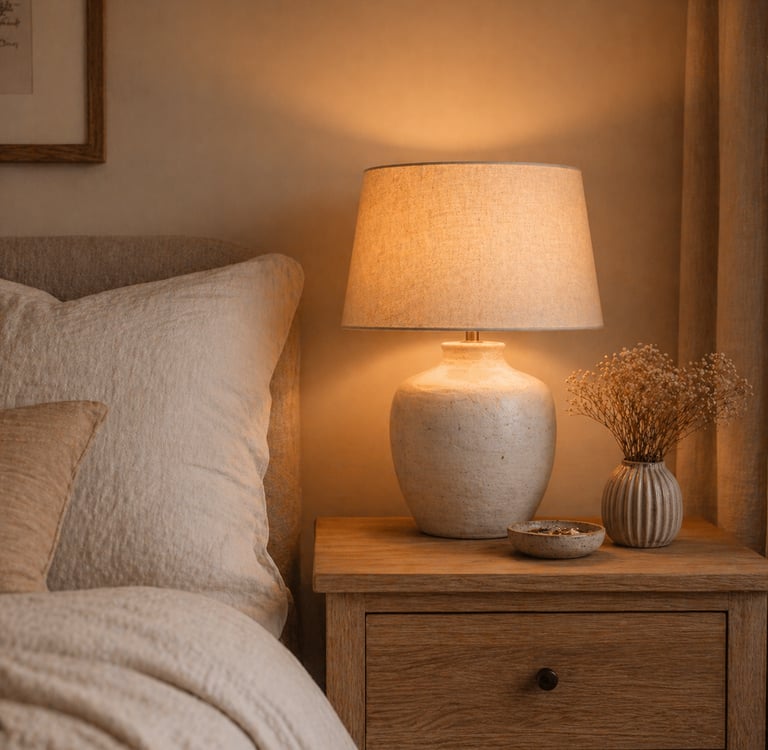 Minimal cozy bedroom inspiration with layered pillows and throws
