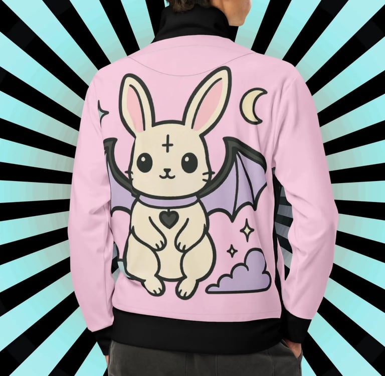 pastel goth pink jacket with a bat winged bunny