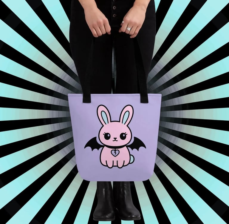 alt fashion purple bag with a bat winged pastel kawaii bunny