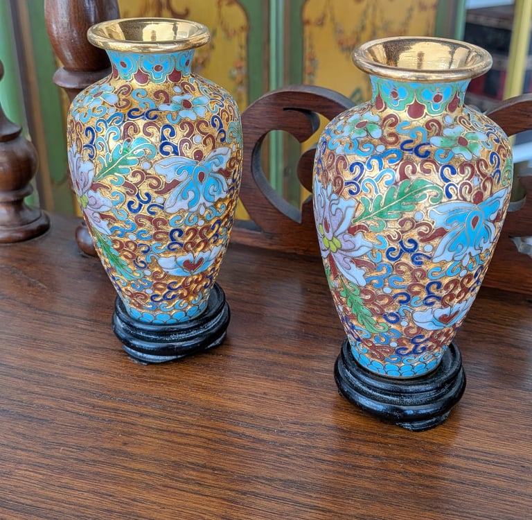 Pair of vintage Chinese cloisonné enamel vases.