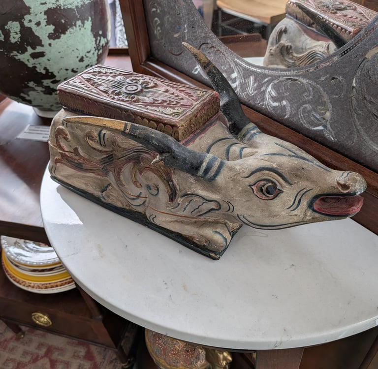 Antique hand-carved wooden water buffalo box.