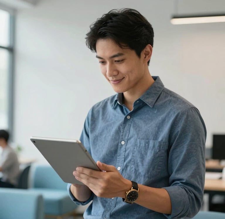 A professional in a modern North American / US co-working space looking at a tablet with a focused and satisfied expression. The environment is airy and professional, featuring ice white walls and sky blue furniture.