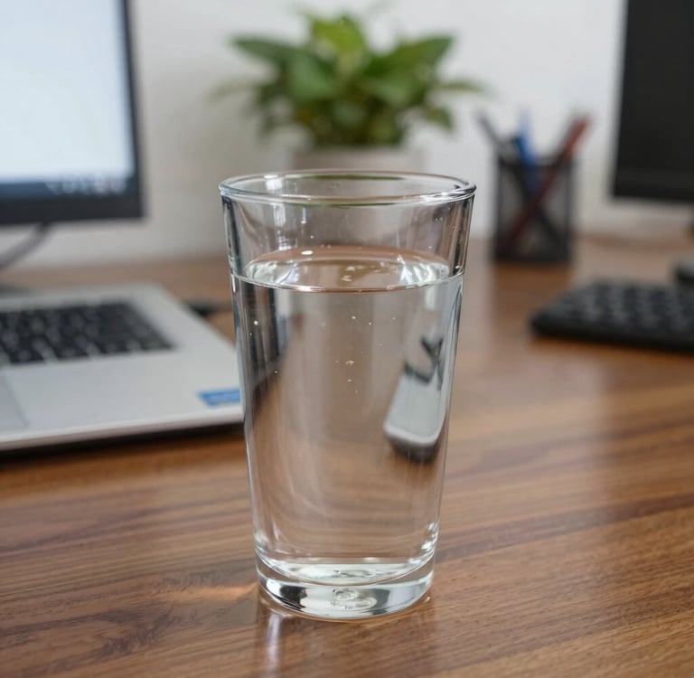 Close-up of a clear glass filled with sparkling filtered water on a white table.