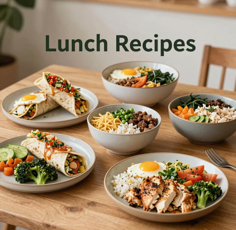 A variety of high-protein healthy lunches including chicken salad, veggie wraps, and grain bowls.