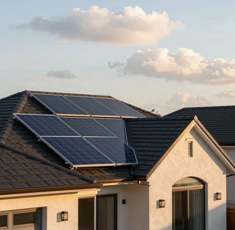 A bright, wide shot of a modern suburban home with sleek solar panels on the roof under a clear soft cloud white sky, warm harvest gold sunlight reflecting off the glass.