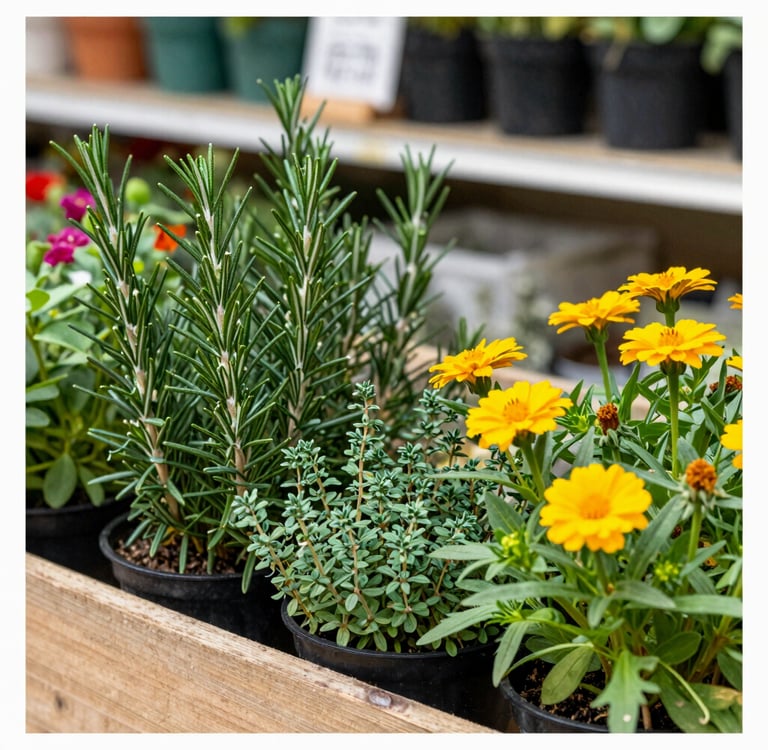 Hands gently harvesting fresh herbs and flowers in a sunlit garden setting.