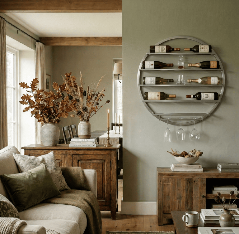 Rustic living room with a wall-mounted circular wine rack, wooden sideboard, and cozy sofa.
