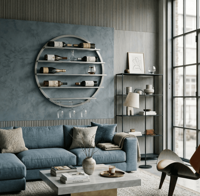 Modern living room featuring a circular wall-mounted wine rack above a blue sofa and marble coffee table.