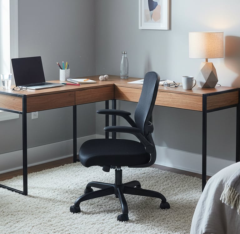 Modern L-shaped wooden corner desk with a black ergonomic office chair in a bright home office.