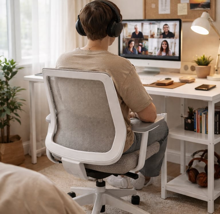 A person sitting in an ergonomic white mesh office chair while attending a remote video conference meeting.