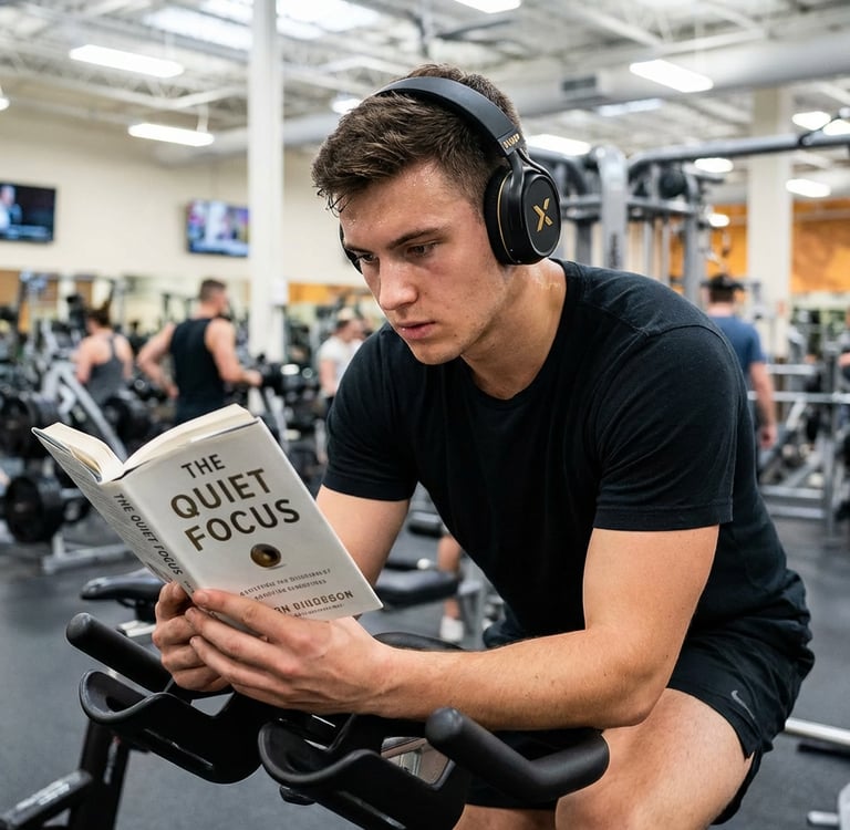 Young man with headphones reading a book while riding a stationary exercise bike in a gym.