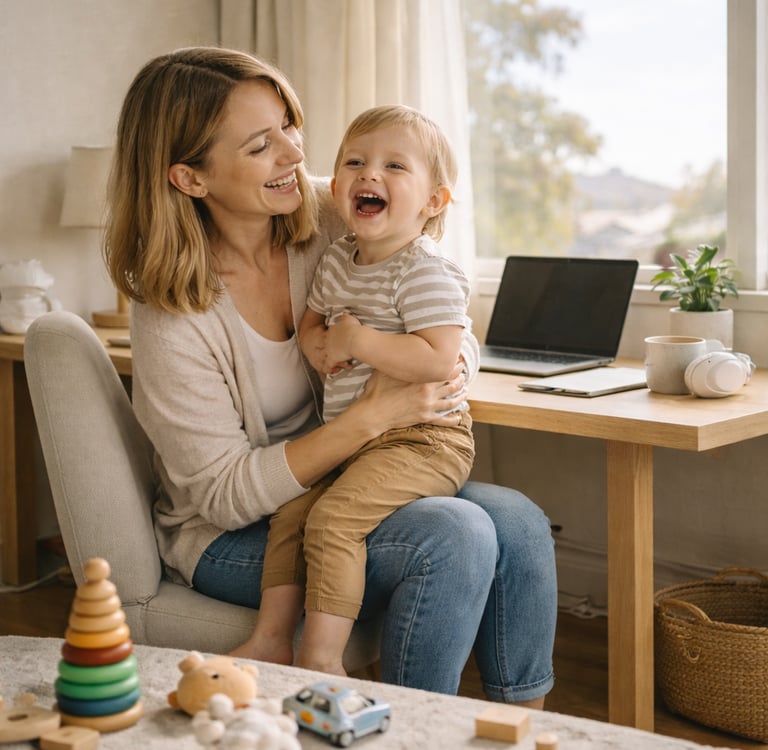 A happy mother working from home laughing with her toddler sitting on her lap in a bright home office.