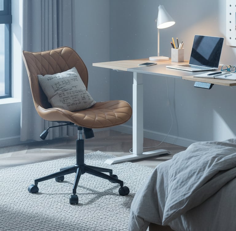 Modern home office with a brown leather desk chair and an adjustable standing desk in a bright bedroom.