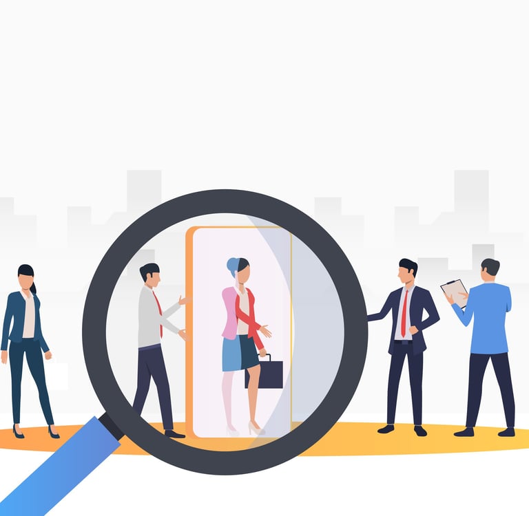 Using a magnifying glass for screening business professionals illustration.
