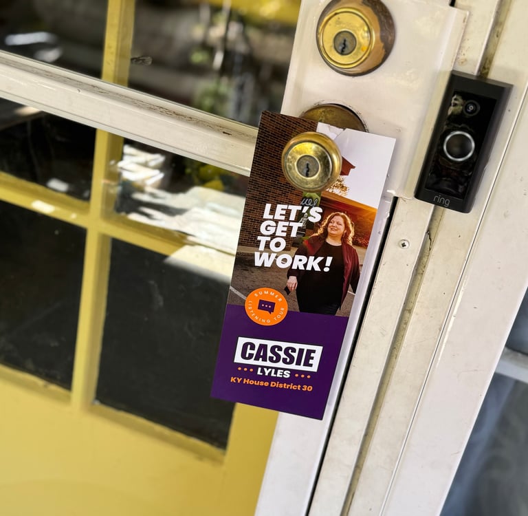 a door handle latched door with a sign that says let's get off