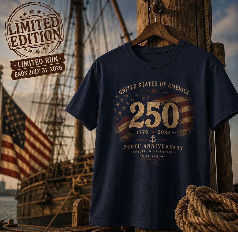 Limited edition 250th anniversary USA t-shirt hanging on a wooden post with a vintage ship and American flag.