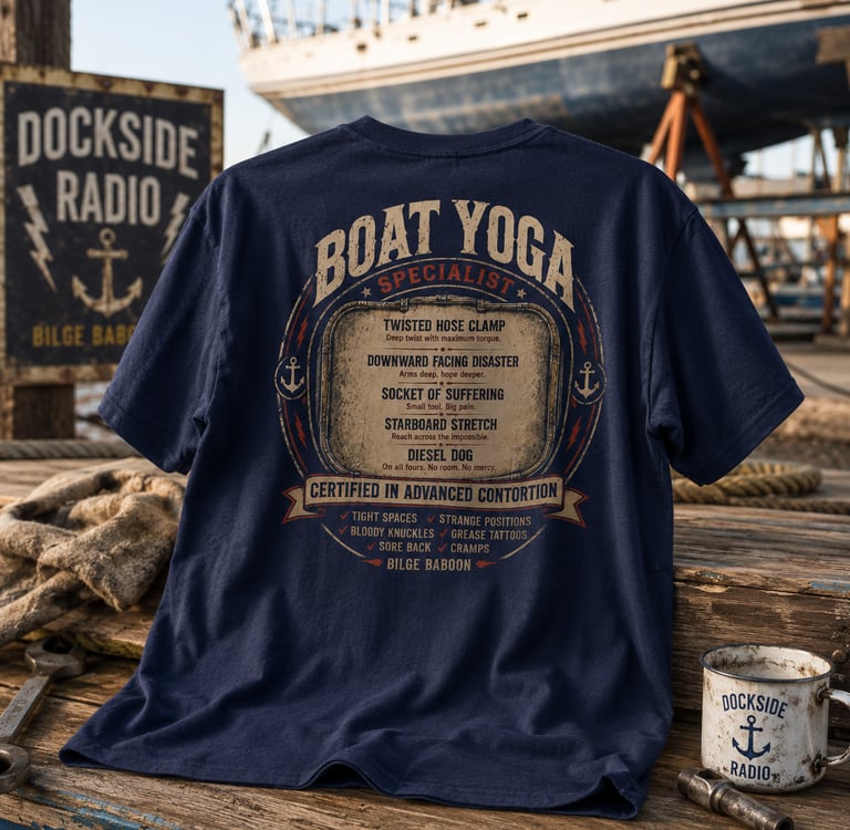 Navy blue boat yoga specialist t-shirt displayed on a wooden dock next to a nautical mug and ship.
