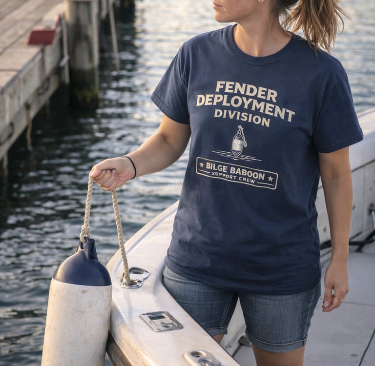 Woman on a boat wearing a Fender Deployment Division navy t-shirt while holding a marine buoy.