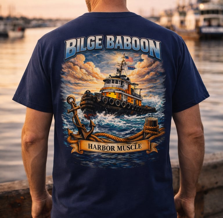 Man wearing a navy Bilge Baboon t-shirt with a vintage tugboat graphic and Harbor Muscle slogan at a harbor.