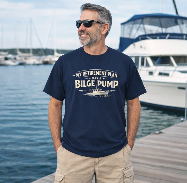 Smiling man in a navy blue bilge pump t-shirt standing on a marina dock with yachts.