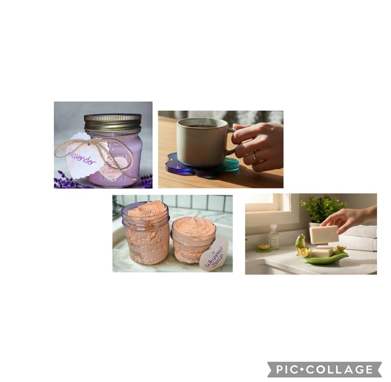 A collection of handmade spa products including a lavender candle, whipped soap jars, and artisan bar soap.