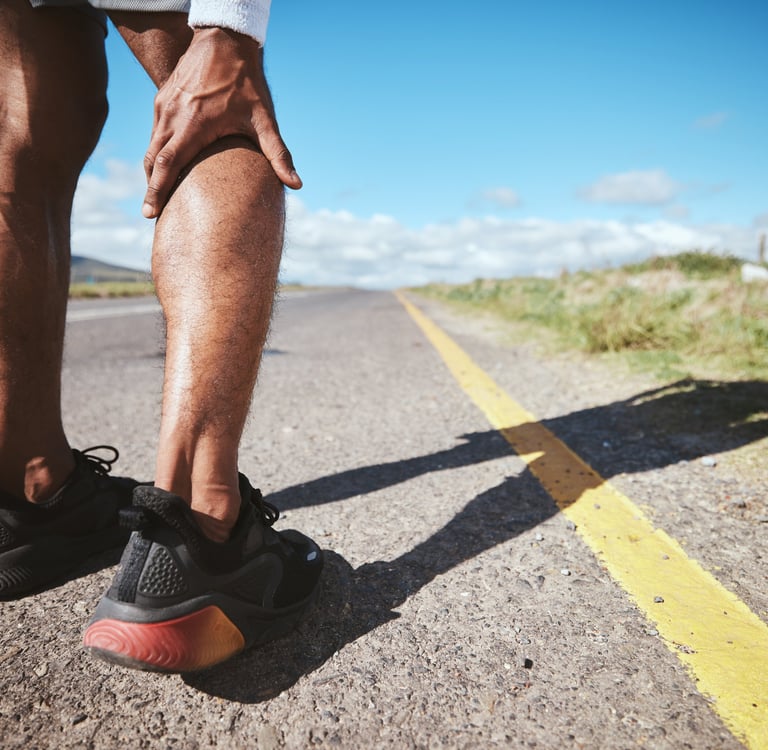 A runner holds his calf muscle in pain while standing on a road, representing a sports injury.
